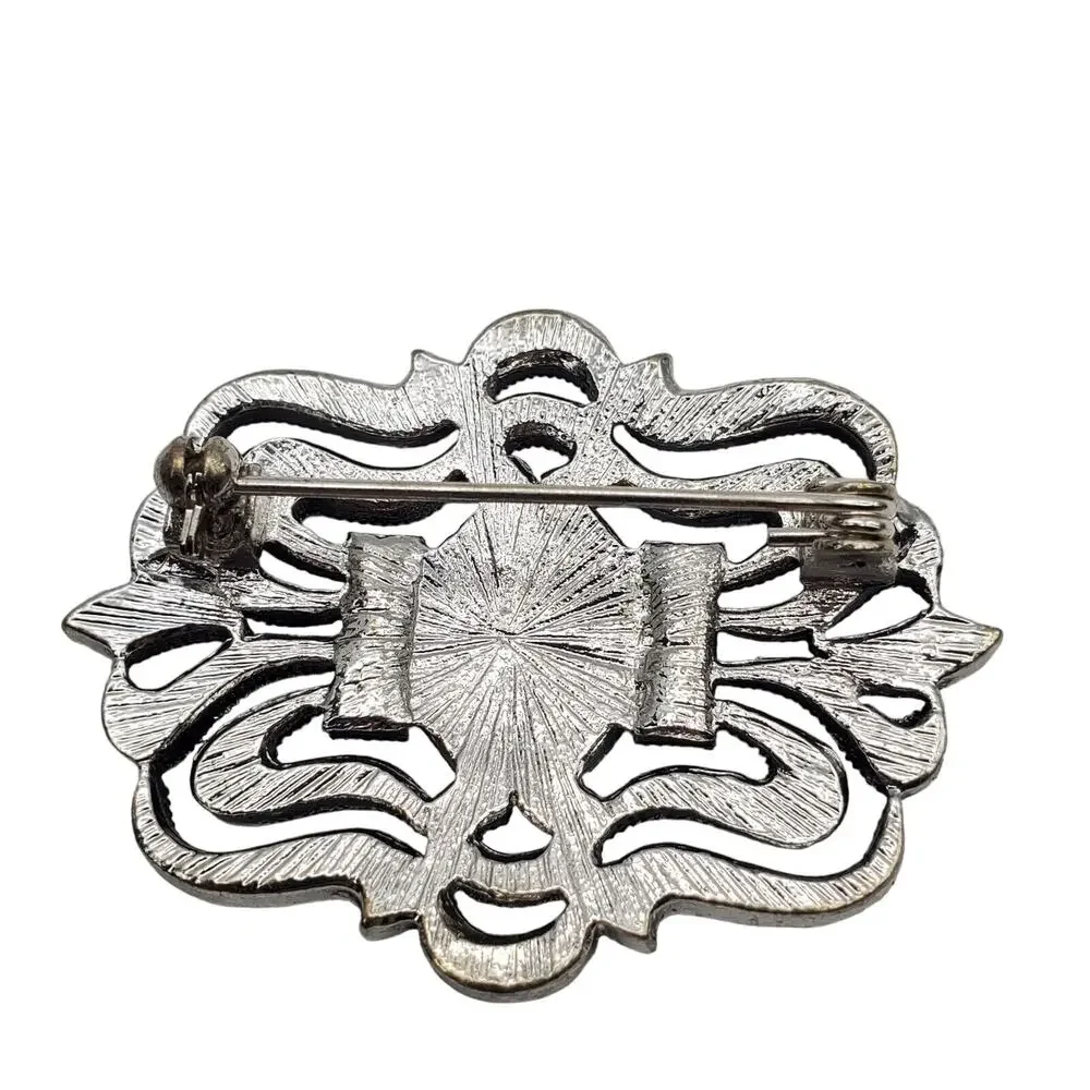 Black Enamel Silver Tone Brooch Faux Marcasite Pin‎ Vintage 1970s Jewelry